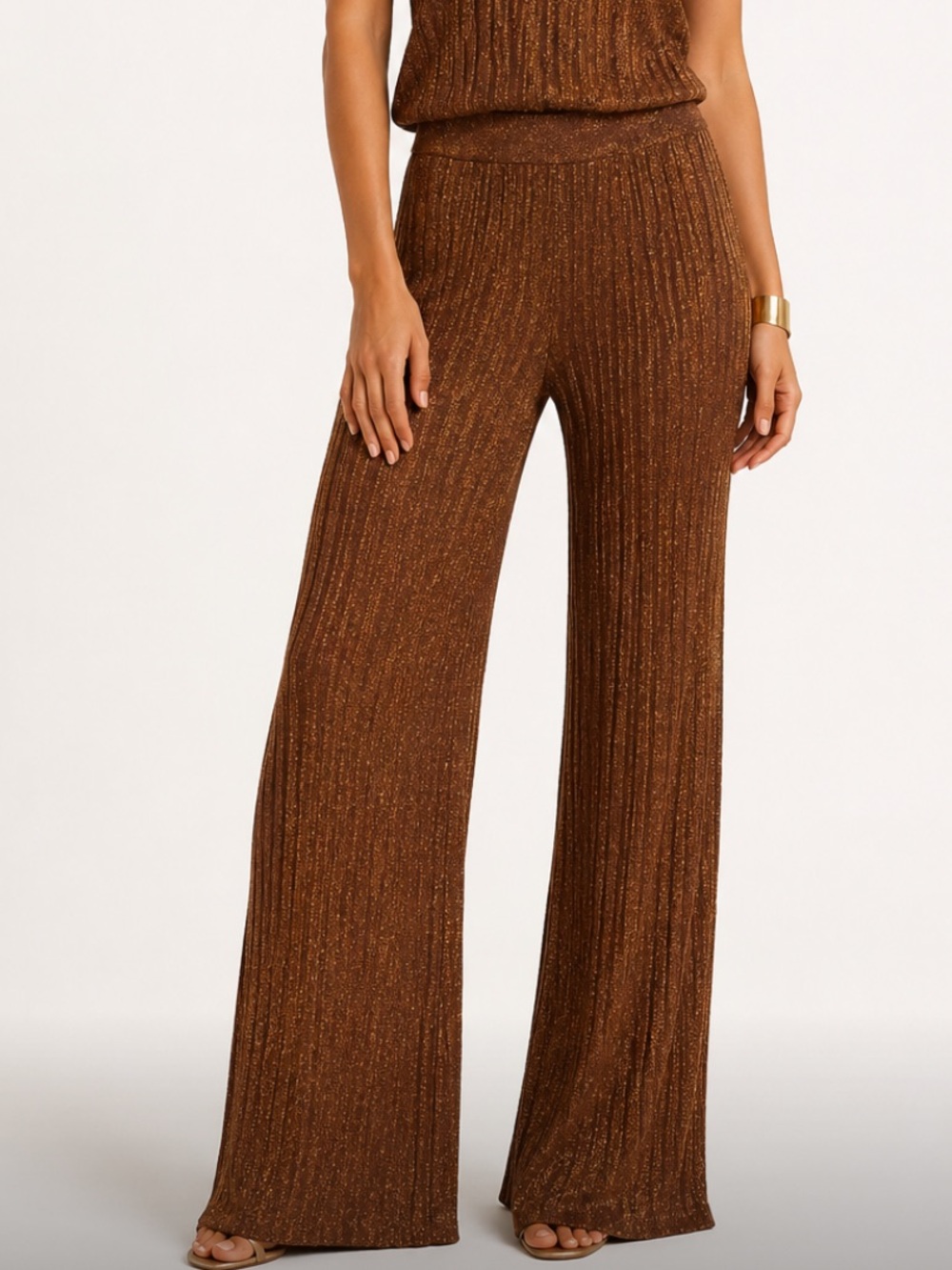 Shona Joy NWT Kamari bronze metallic knit high waisted pants brandy brown XS